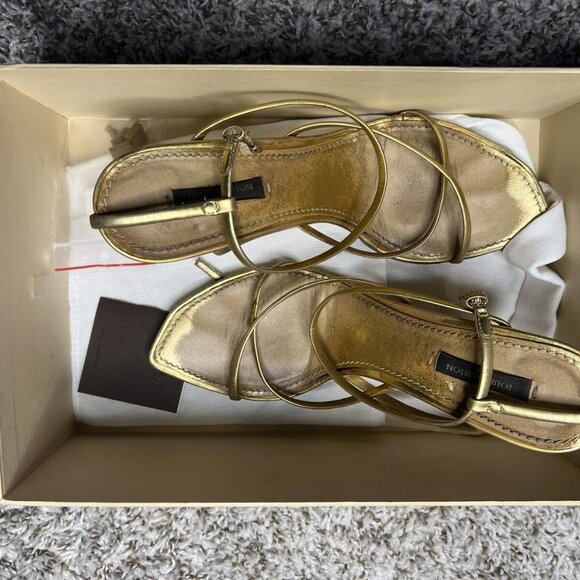RARE Louis Vuitton Metallic Gold Strappy Shoes Sandal Wedge/Heel Combo - Picture 4 of 4